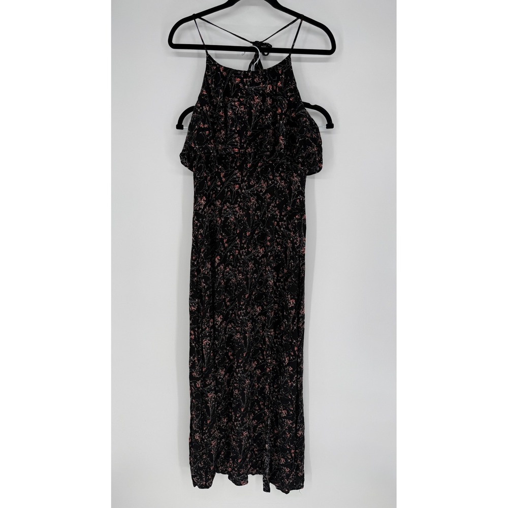 LIRA‎ VISCOSE MAXI DRESS BLACK CHERRY BLOSSOM FLORAL LARGE HALTER LIGHTWEIGHT